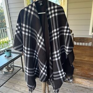 Eivissa Poncho/Shawl/Cape Black White Plaid Polyester Fleece One Size